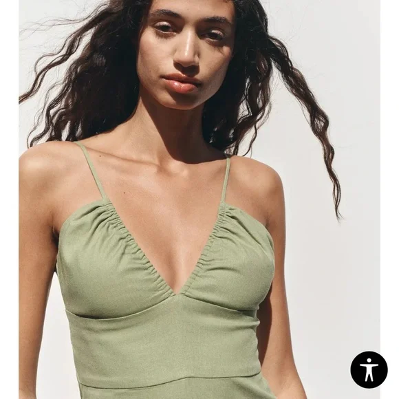 Zara Olive Green Linen Dress Strappy - Picture 5 of 10